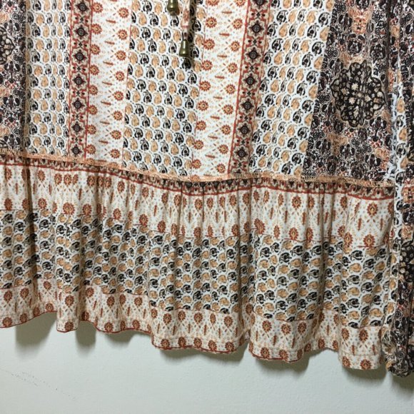 Rose Olive M Peasant Top Boho Ruffled Hem Ivory Rust Brown Stretch Knit Bust36.5 - Picture 5 of 13